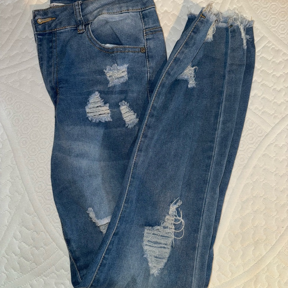 Women’s Catch Stitch Distressed Blue Jeans